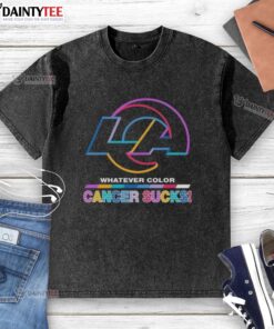 Los Angeles Rams football t-shirt featuring a colorful 'Cancer Sucks' logo, perfect for fans and supporters.