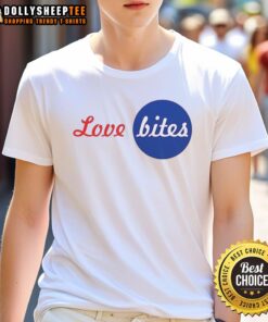 Awesome Love Bites logo T-shirt featuring a vibrant design, perfect for fans of unique graphic tees and casual wear.