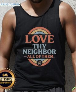 Retro vintage rainbow peace tank top featuring 'Love Thy Neighbor' design, perfect for spreading positivity and style.