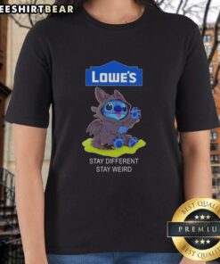 Awesome Lowe's gift card with Toothless and Stitch design on a ladies tee, promoting the message 'Stay Different, Stay Weird'.