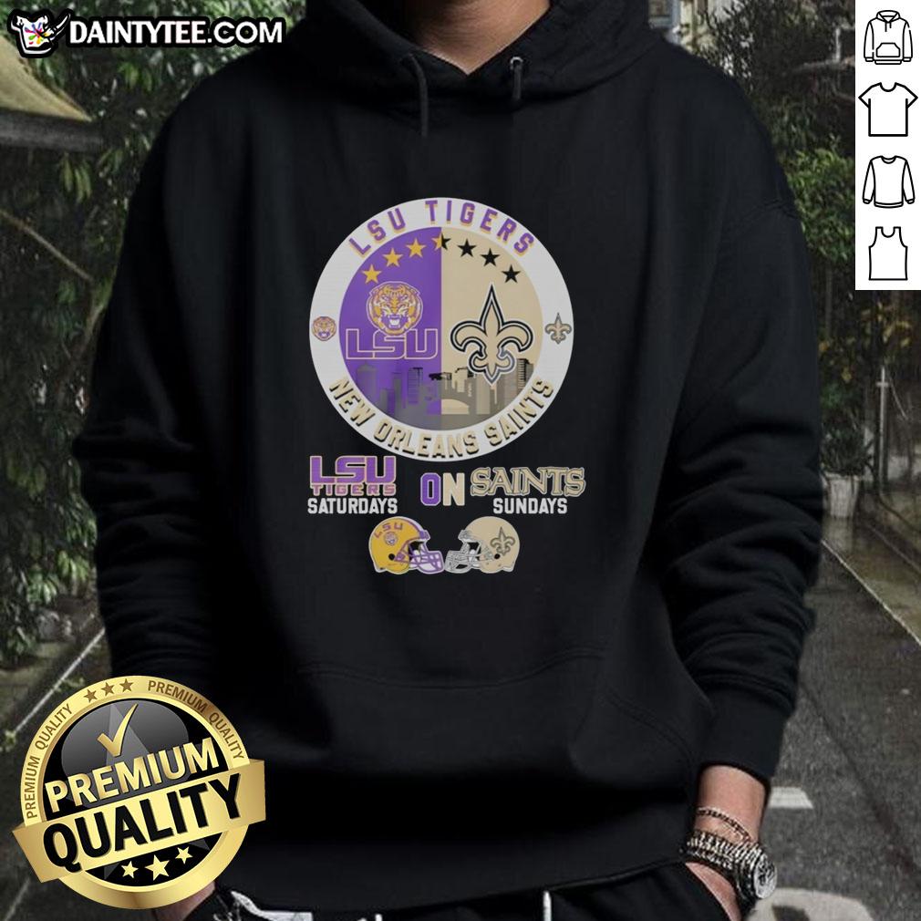 awesome-lsu-tigers-on-saturdays-and-new-orleans-saints-on-sundays-helmet-logo-mashup-hoodie Awesome LSU Tigers and New Orleans Saints helmet logo mashup hoodie showcasing team spirit for game days.