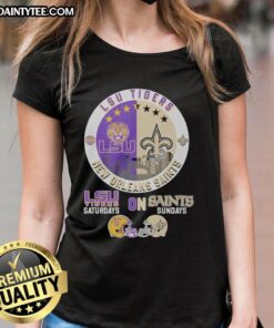 Alt Text: Awesome LSU Tigers and New Orleans Saints helmet logo mashup on a ladies tee for game day style.