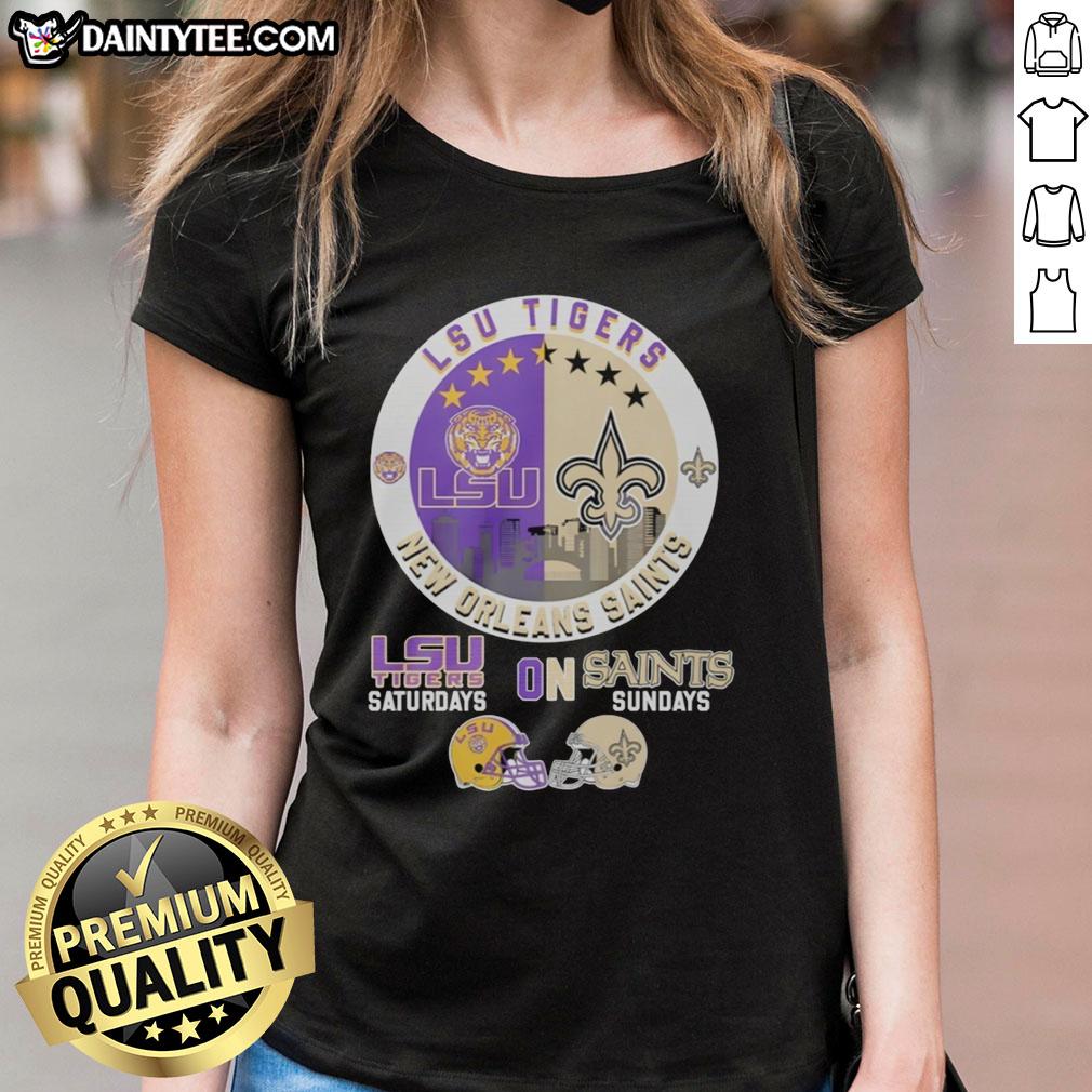 awesome-lsu-tigers-on-saturdays-and-new-orleans-saints-on-sundays-helmet-logo-mashup-ladies-tee Alt Text: Awesome LSU Tigers and New Orleans Saints helmet logo mashup on a ladies tee for game day style.