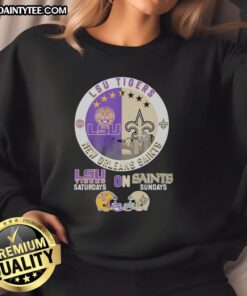 Awesome LSU Tigers and New Orleans Saints helmet logo mashup sweatshirt design for game day fashion.