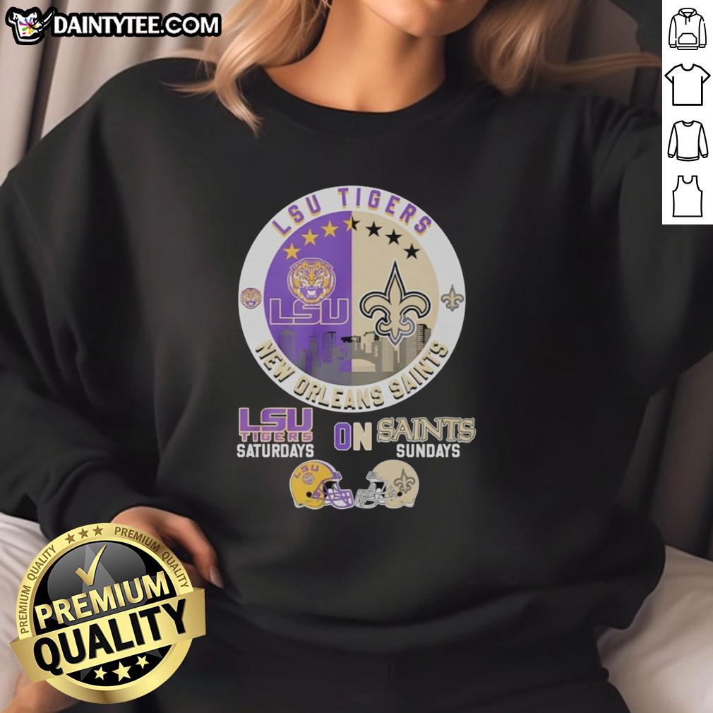 awesome-lsu-tigers-on-saturdays-and-new-orleans-saints-on-sundays-helmet-logo-mashup-sweatshirt Awesome LSU Tigers and New Orleans Saints helmet logo mashup sweatshirt design for game day fashion.