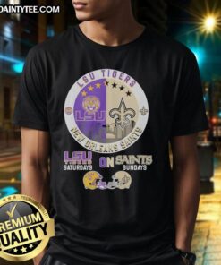 Alt Text: LSU Tigers and New Orleans Saints helmet logo mashup T-shirt, perfect for game days and sports fans.