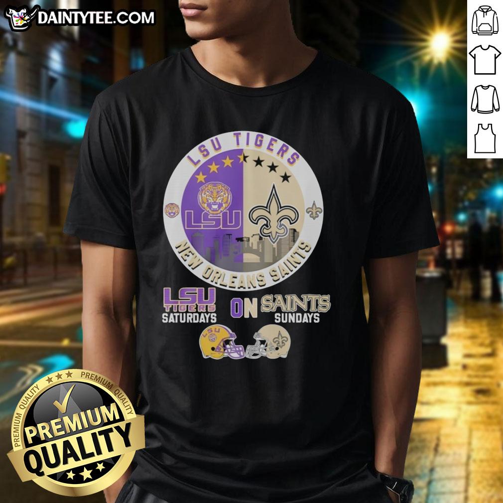awesome-lsu-tigers-on-saturdays-and-new-orleans-saints-on-sundays-helmet-logo-mashup-t-shirt-1 Alt Text: LSU Tigers and New Orleans Saints helmet logo mashup T-shirt, perfect for game days and sports fans.