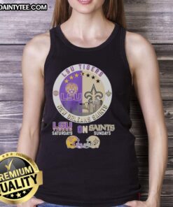 Alt Text: Awesome LSU Tigers and New Orleans Saints helmet logo mashup tank top perfect for game days and fan apparel.