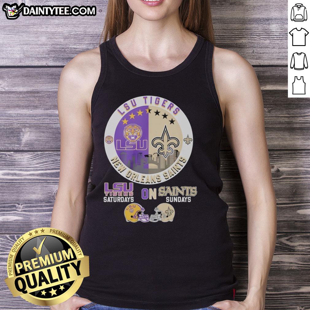 awesome-lsu-tigers-on-saturdays-and-new-orleans-saints-on-sundays-helmet-logo-mashup-tank-top Alt Text: Awesome LSU Tigers and New Orleans Saints helmet logo mashup tank top perfect for game days and fan apparel.