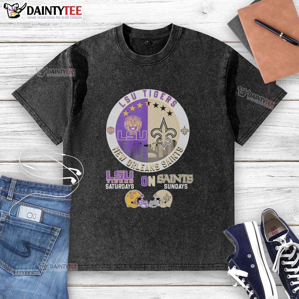 awesome-lsu-tigers-on-saturdays-and-new-orleans-saints-on-sundays-helmet-logo-mashup-washed-t-shirt Alt Text: LSU Tigers and New Orleans Saints helmet logo mashup on a washed t-shirt, perfect for game day attire.