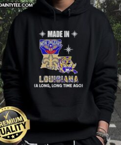 Alt Text: Awesome Made in Louisiana hoodie featuring a unique state mashup logo for fans of Louisiana teams.
