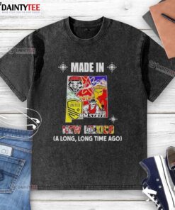 Awesome Made In New Mexico A Long Long Time Ago State Mashup Logo on a washed t-shirt, perfect for local pride.