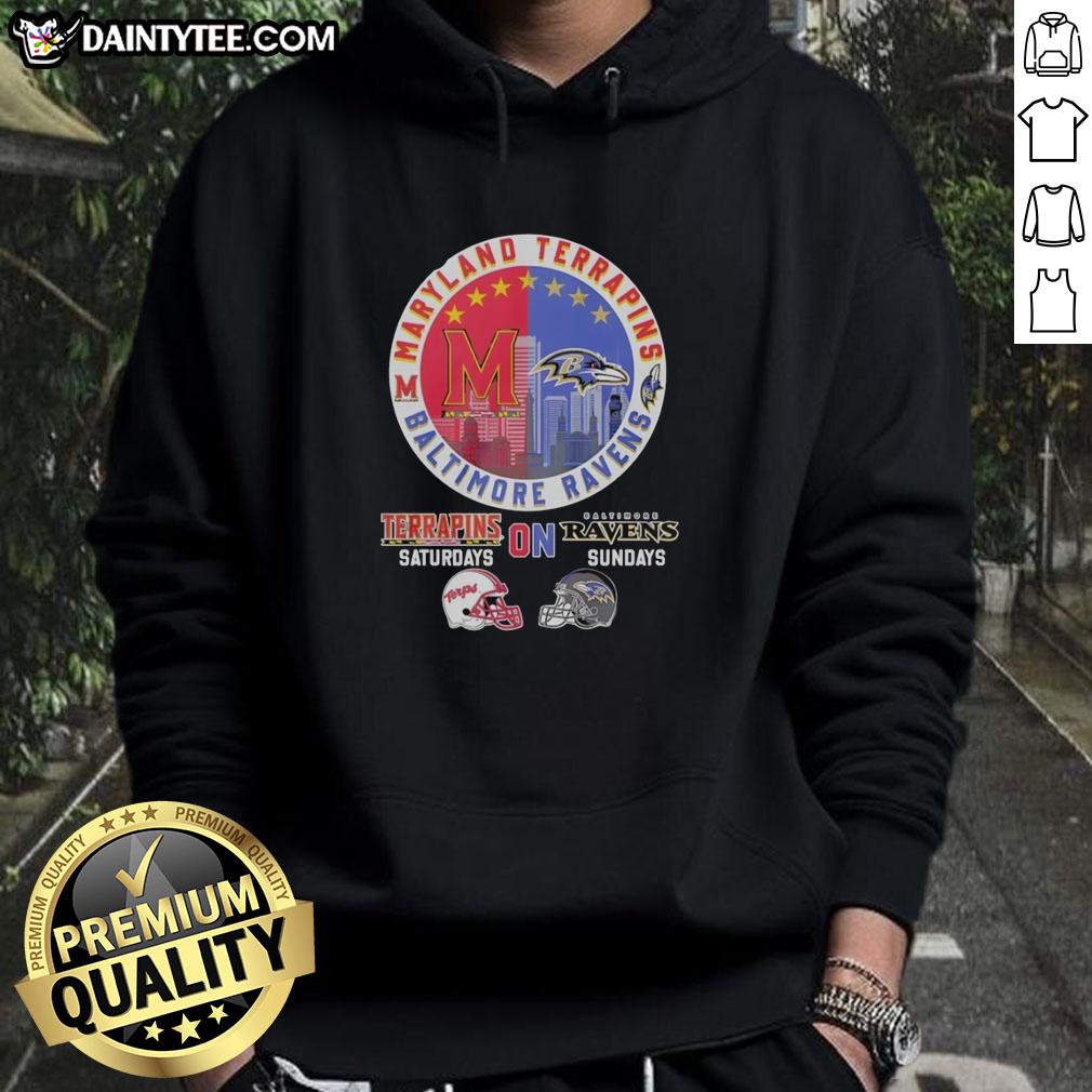 awesome-maryland-terrapins-on-saturdays-and-baltimore-ravens-on-sundays-helmet-logo-mashup-hoodie Awesome Maryland Terrapins and Baltimore Ravens helmet logo mashup hoodie for sports fans on Saturdays and Sundays.