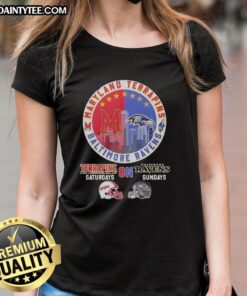 Awesome Maryland Terrapins and Baltimore Ravens helmet logo mashup on a ladies tee for game day style.