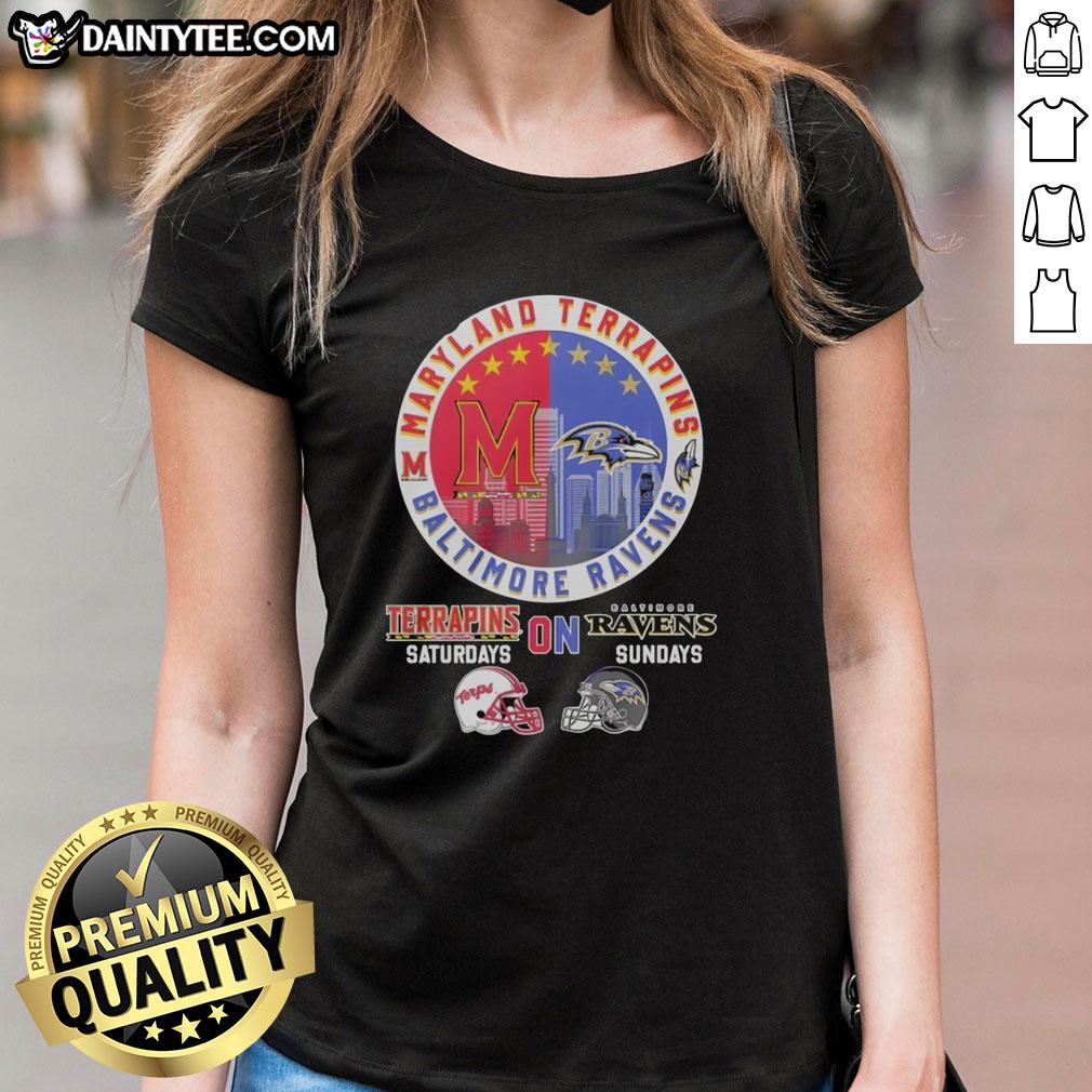 awesome-maryland-terrapins-on-saturdays-and-baltimore-ravens-on-sundays-helmet-logo-mashup-ladies-tee Awesome Maryland Terrapins and Baltimore Ravens helmet logo mashup on a ladies tee for game day style.