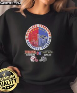 Awesome Maryland Terrapins and Baltimore Ravens helmet logo mashup sweatshirt for game day style.