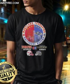 Awesome Maryland Terrapins and Baltimore Ravens helmet logo mashup T-shirt, perfect for game day fans.
