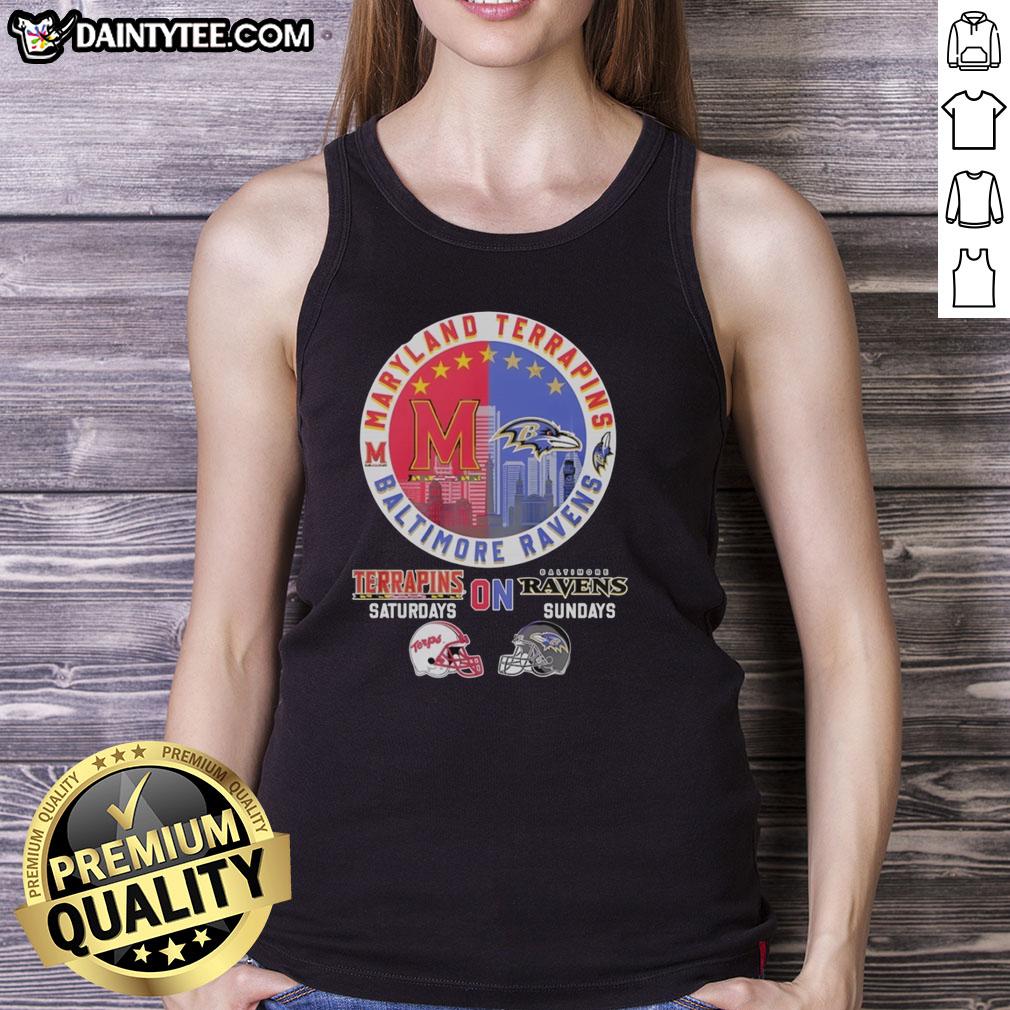 awesome-maryland-terrapins-on-saturdays-and-baltimore-ravens-on-sundays-helmet-logo-mashup-tank-top Alt Text: Awesome Maryland Terrapins and Baltimore Ravens helmet logo mashup tank top design for sports fans.