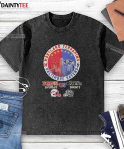 Alt Text: Maryland Terrapins and Baltimore Ravens helmet logo mashup on a washed t-shirt, perfect for game day.