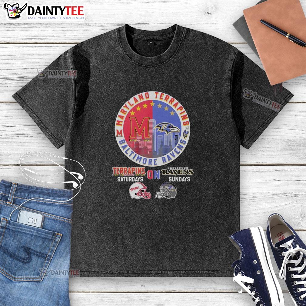 awesome-maryland-terrapins-on-saturdays-and-baltimore-ravens-on-sundays-helmet-logo-mashup-washed-t-shirt Alt Text: Maryland Terrapins and Baltimore Ravens helmet logo mashup on a washed t-shirt, perfect for game day.