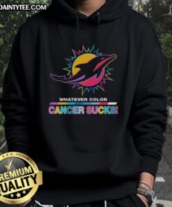 Miami Dolphins football hoodie featuring colorful design and 'Cancer Sucks' logo, perfect for fans and supporters.