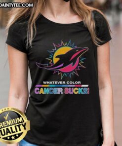 Ladies tee featuring Miami Dolphins football logo in vibrant colors, promoting awareness for cancer support.