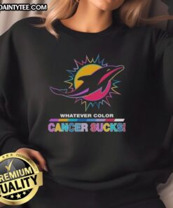 Alt Text: Awesome Miami Dolphins sweatshirt featuring colorful cancer awareness logo and sports design, perfect for fans.