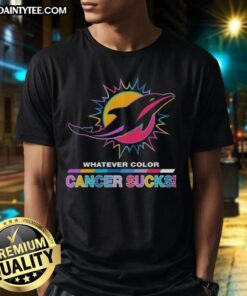 Awesome Miami Dolphins Football T-Shirt featuring colorful 'Cancer Sucks' logo design, perfect for fans and awareness.