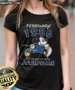 Awesome Mickey Mouse February 1986 ladies tee celebrating 40 years of being awesome with a vibrant design.
