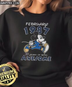 Alt Text: Awesome Mickey Mouse sweatshirt from February 1987 celebrating 39 years of being awesome, featuring vibrant design.