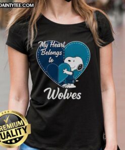 Alt Text: 2026 Minnesota Timberwolves X Snoopy Cartoon Valentine Ladies Tee featuring fun graphics and vibrant colors.