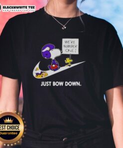 Awesome Minnesota Vikings Are Number One Just Bow Down Snoopy Ladies Tee featuring fun graphic design and vibrant colors.