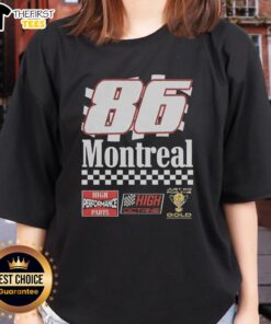 Awesome Montreal 86 High Performance Parts Ladies Tee featuring a stylish design, perfect for automotive enthusiasts.