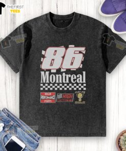 Alt Text: Awesome Montreal 86 High Performance Parts washed t-shirt featuring a vintage design, perfect for car enthusiasts.