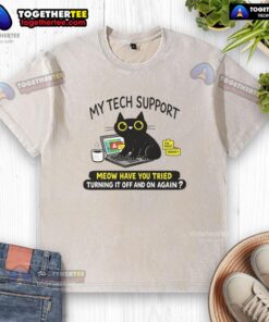 Funny tech support cat t-shirt featuring the phrase 'Have you tried turning it off and on again' for tech lovers.