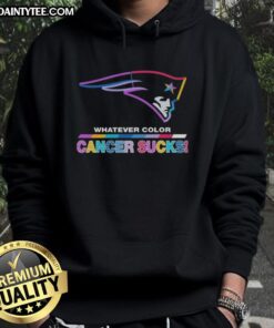 Alt Text: New England Patriots hoodie featuring 'Cancer Sucks' logo in vibrant colors, perfect for football fans and awareness.
