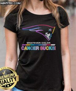 New England Patriots logo on a colorful ladies tee, promoting awareness for cancer with a bold, stylish design.