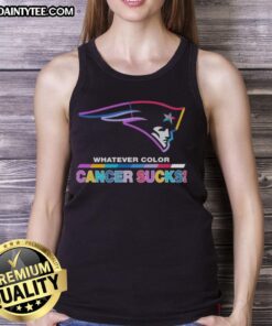 New England Patriots football tank top featuring colorful 'Cancer Sucks' logo, perfect for fans supporting a cause.