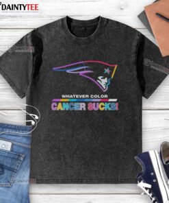 New England Patriots football t-shirt with colorful cancer awareness logo, showcasing support for cancer research and patients.