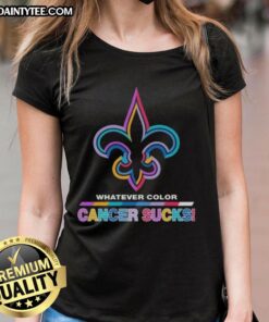Awesome New Orleans Saints football ladies tee featuring colorful cancer awareness design and logo.