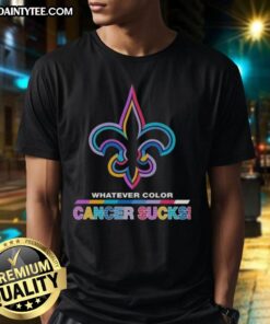 Awesome New Orleans Saints Football t-shirt featuring colorful 'Cancer Sucks' logo design for awareness.