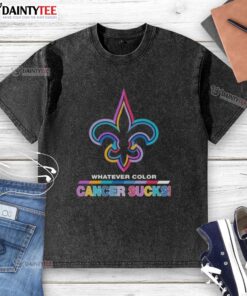 Awesome New Orleans Saints Football 'Cancer Sucks' logo in vibrant colors on a washed T-shirt for fans.
