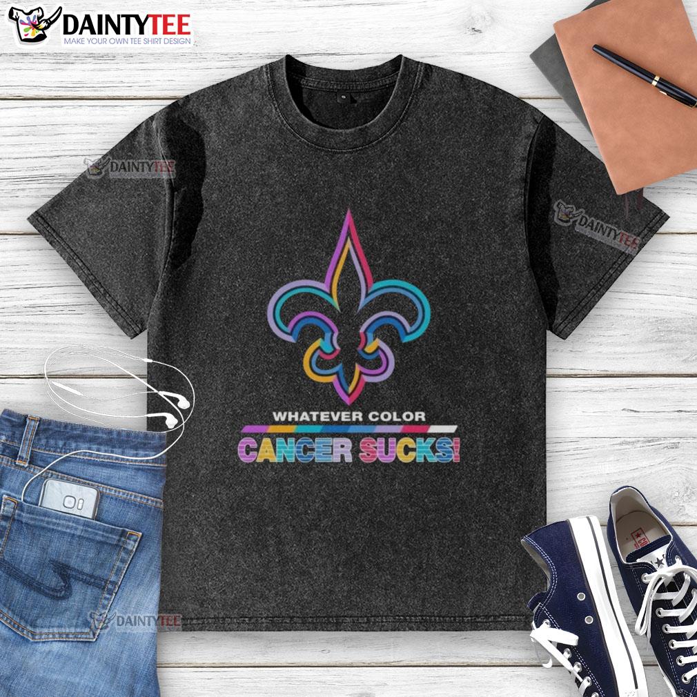 awesome-new-orleans-saints-football-whatever-color-cancer-sucks-logo-colors-washed-t-shirt Awesome New Orleans Saints Football 'Cancer Sucks' logo in vibrant colors on a washed T-shirt for fans.