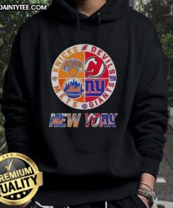 Alt Text: Awesome New York City sports hoodie featuring Knicks, Devils, Giants, and Mets logos in a stylish design.