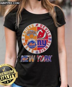 Awesome New York City sports logos for Knicks, Devils, Giants, and Mets on a ladies tee shirt design.
