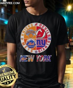Awesome New York City Sports T-Shirt featuring Knicks, Devils, Giants, and Mets logos in a stylish design.