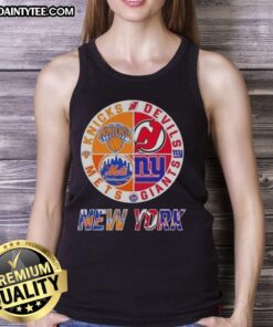 Alt Text: Awesome New York City Sports tank top featuring Knicks, Devils, Giants, and Mets logos for fans.