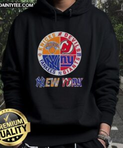 Awesome New York City Sports hoodie featuring Knicks, Devils, Giants, and Yankees logos, perfect for fans.
