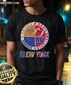 Awesome New York City Sports T-Shirt featuring Knicks, Devils, Giants, and Yankees logos in a stylish design.