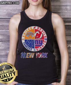Awesome New York City sports tank top featuring logos of Knicks, Devils, Giants, and Yankees for passionate fans.